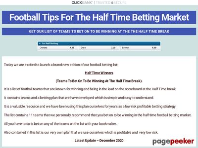 An Instant Download PDF Of Football / Soccer Teams That We Recommend Should Be Backed In The Half Time Betting Market. Full Affiliate And Customer Support Provided. If You Need Anything Please Let Us Know.